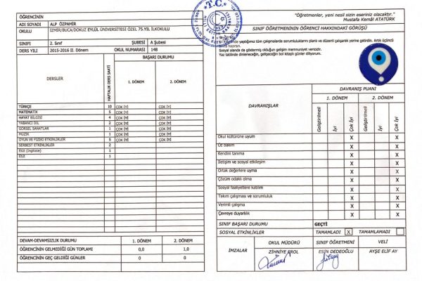 2. Sınıf - 2. Dönem Karnem (DEU 75. Yıl, Haziran 2016)