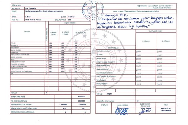 7. Sınıf - 2. Dönem Karnem (Bilfen, Haziran 2021)
