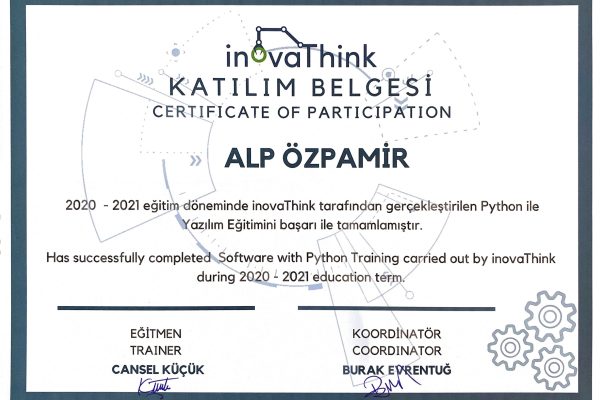 Python Yazılım Eğitimi Katılım Belgesi (Inovathink, Haziran 2021)