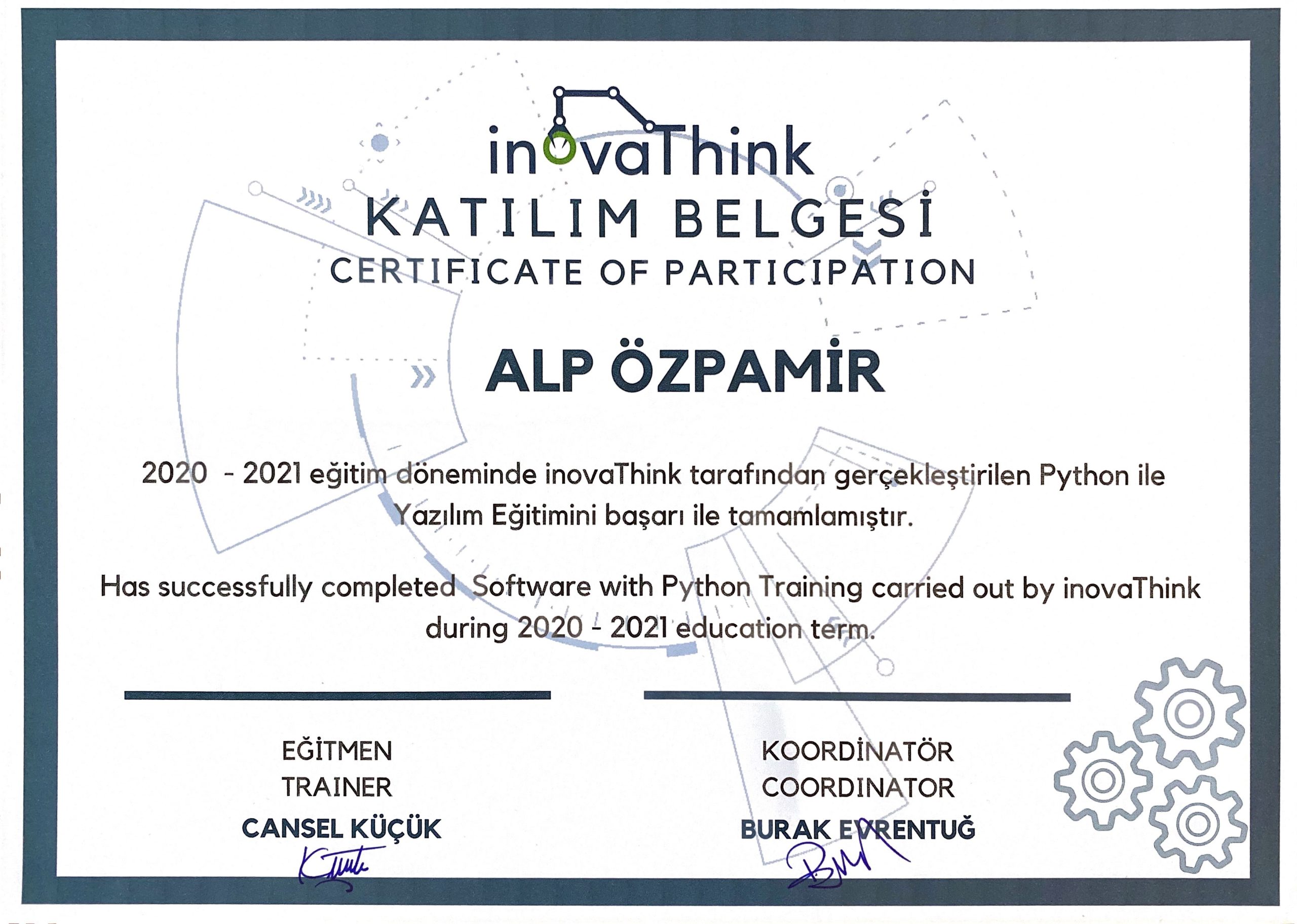 Python İle Yazılım Eğitimi (Inovathink, Eylül 2020-Haziran 2021)