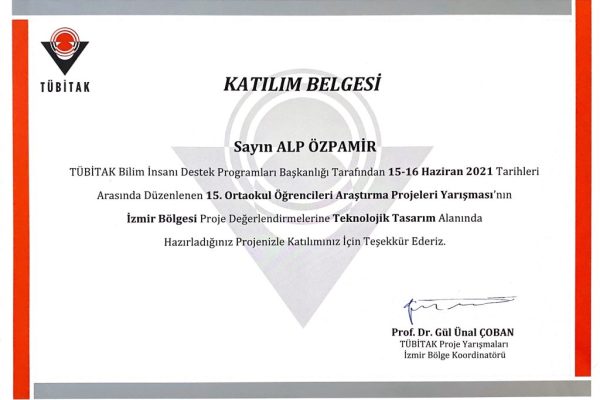 TÜBİTAK 2204-B 15. Ortaokul Öğrencileri Araştırma Projesi Yarışması İzmir Bölgesi Birincisi (15-16 Haziran 2021)