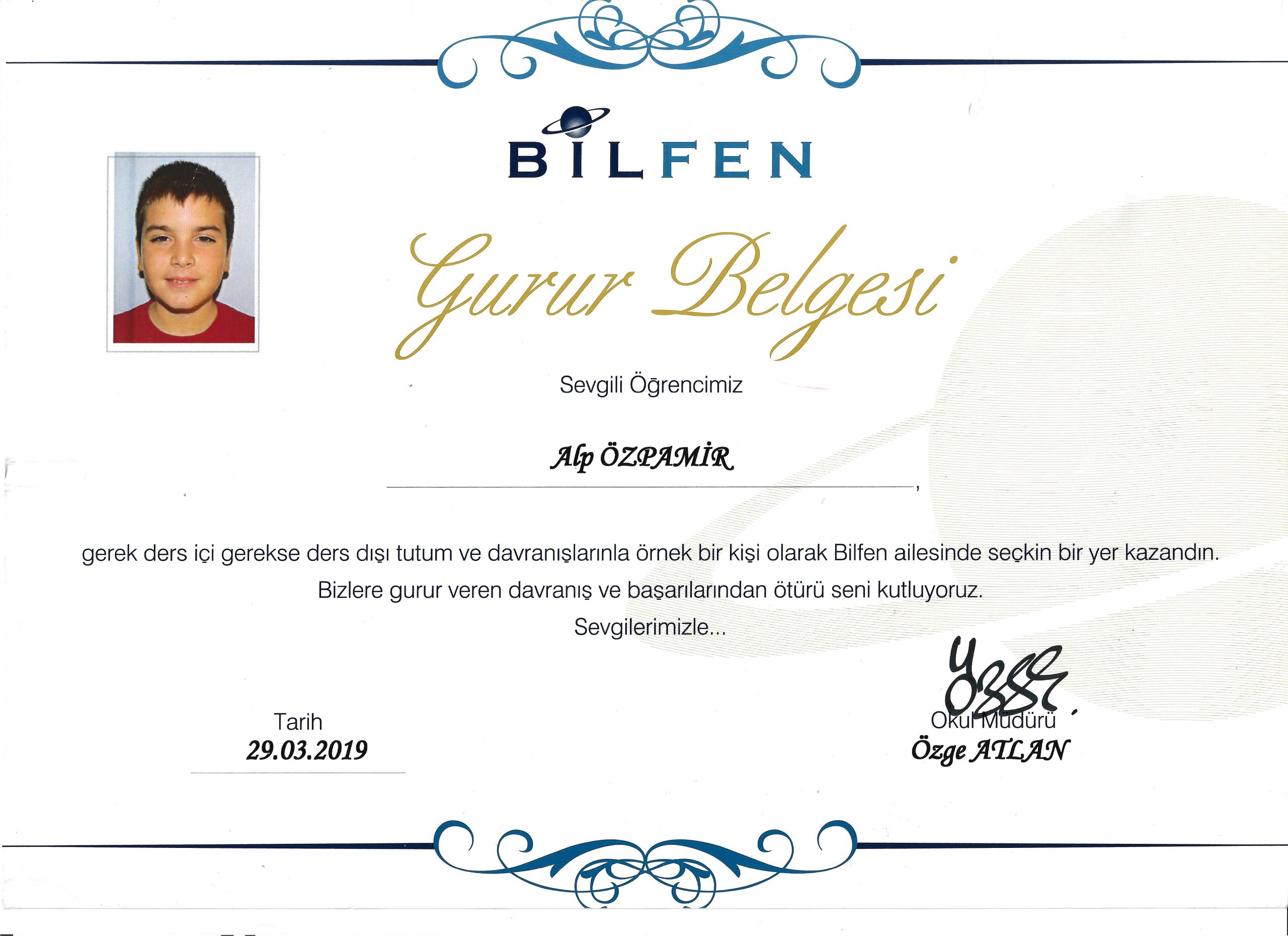 5. Sınıf - Gurur Belgesi (Bilfen, Mart 2019)