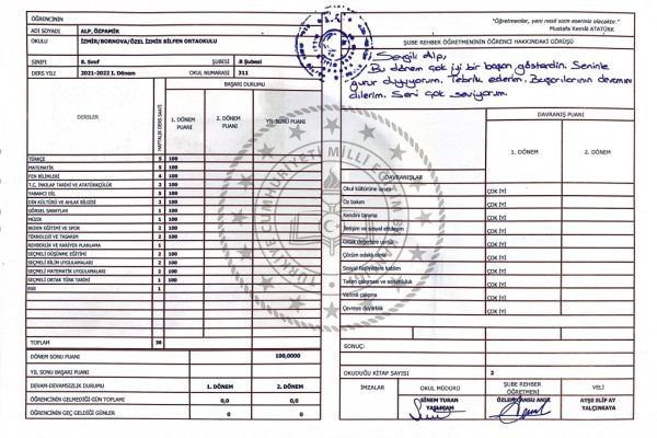 8. Sınıf - 1. Dönem Karnem (Bilfen, Şubat 2022)