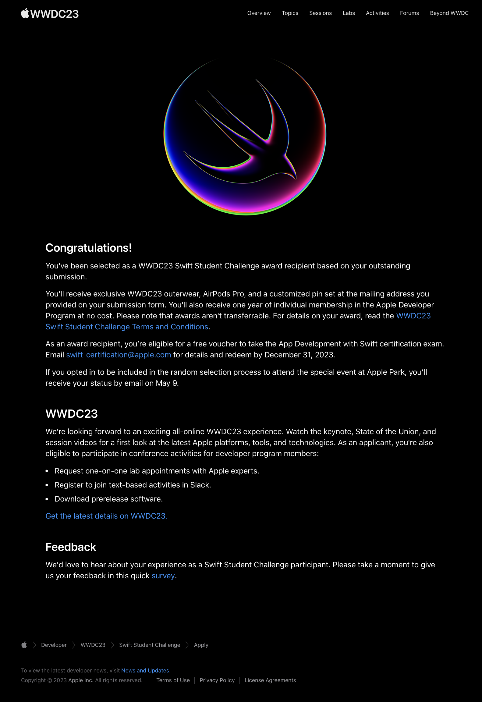 Mayıs 2023 - "Apple WWDC Swift Student Challenge" Sonucu